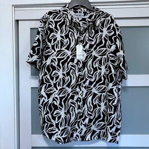 BRUNO Milano Texture Men's 2XL Button front Camp Shirt Poly Tropical B&W print